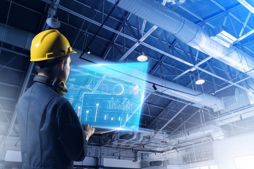 AI AR management technology app system automate robot control. Engineer work smart factory machine IOT internet of thing digital technology, futuristic smart industry digital manufacturing